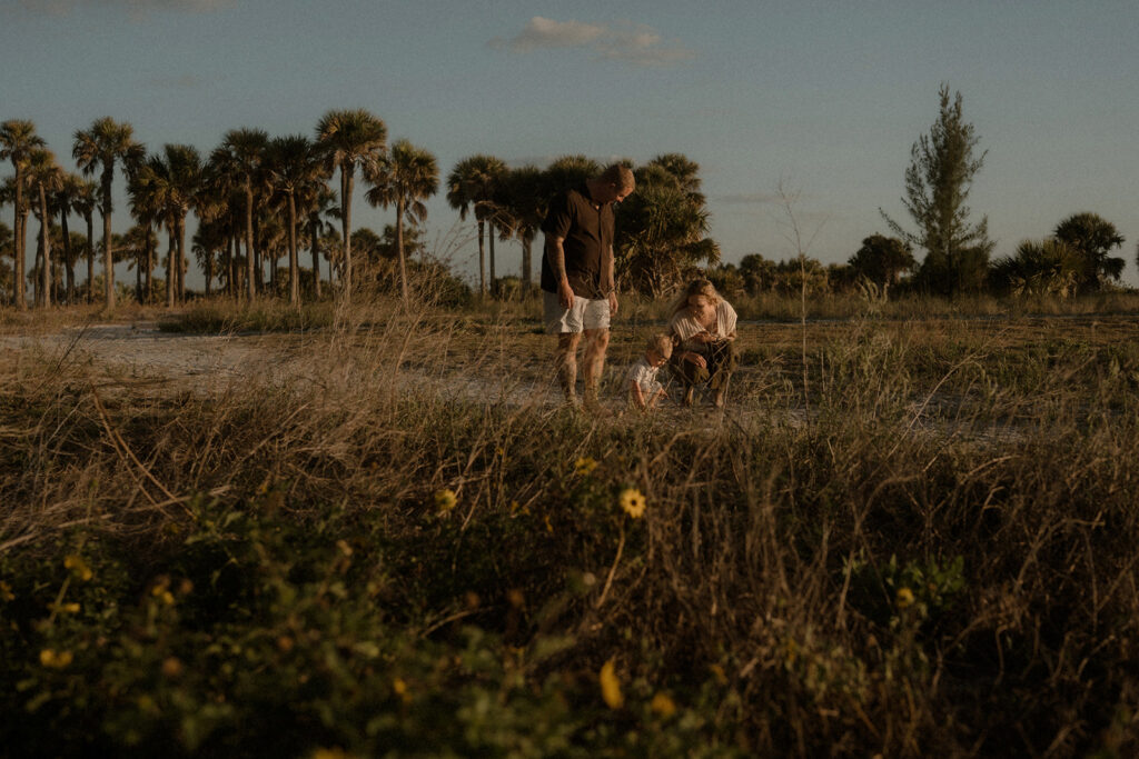 Family walking through by sea grass during a storytelling family session in Tampa Bay